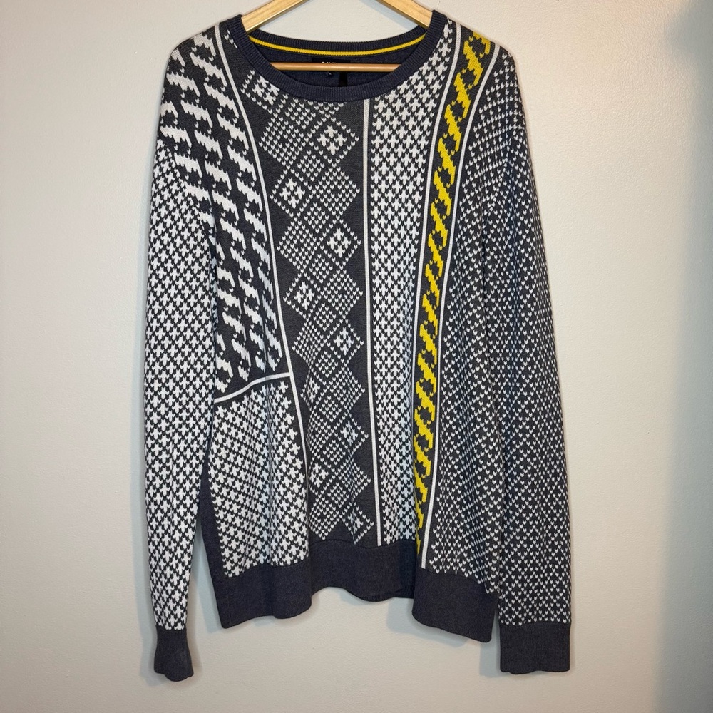 DKNY XL Graphic Pattern Cotton Sweater Black White Yellow